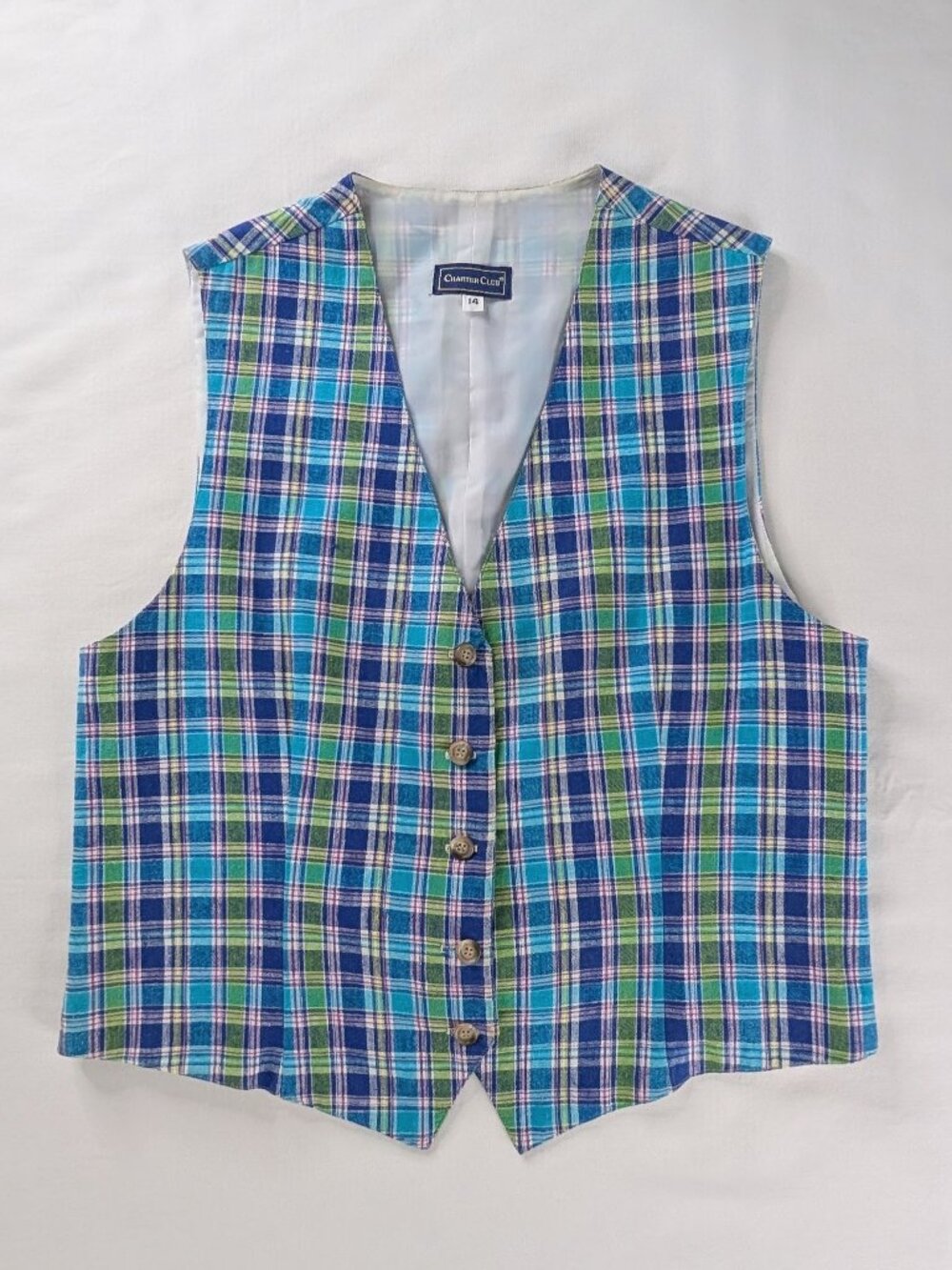 VTG Blue Green Purple Plaid Linen Cotton Tie Back Button Up V Neck Vest Lined